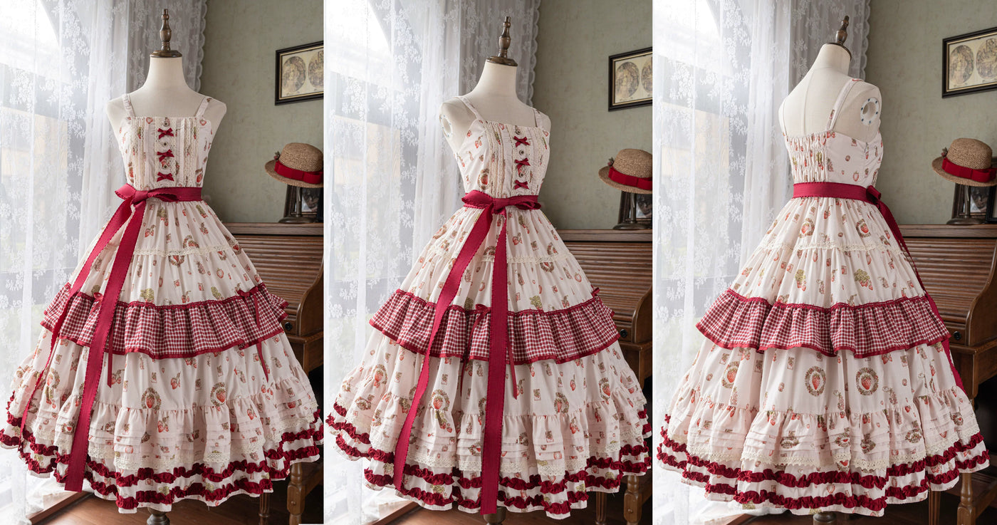 White Tea Story - Strawberry Print Tiered Classical Lolita - Longline