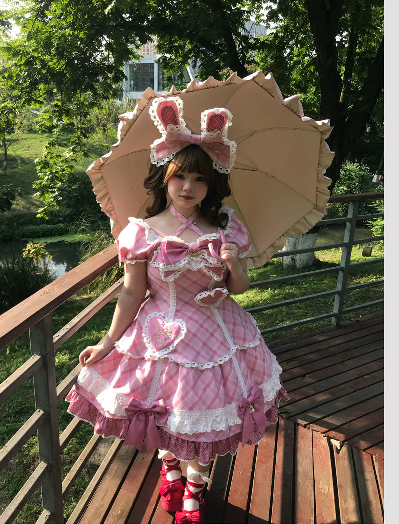 Star Fantasy - Shibuya Sweetheart - Plaid OP/JSK Dress Set with Lace Bunny-Ear Headwear