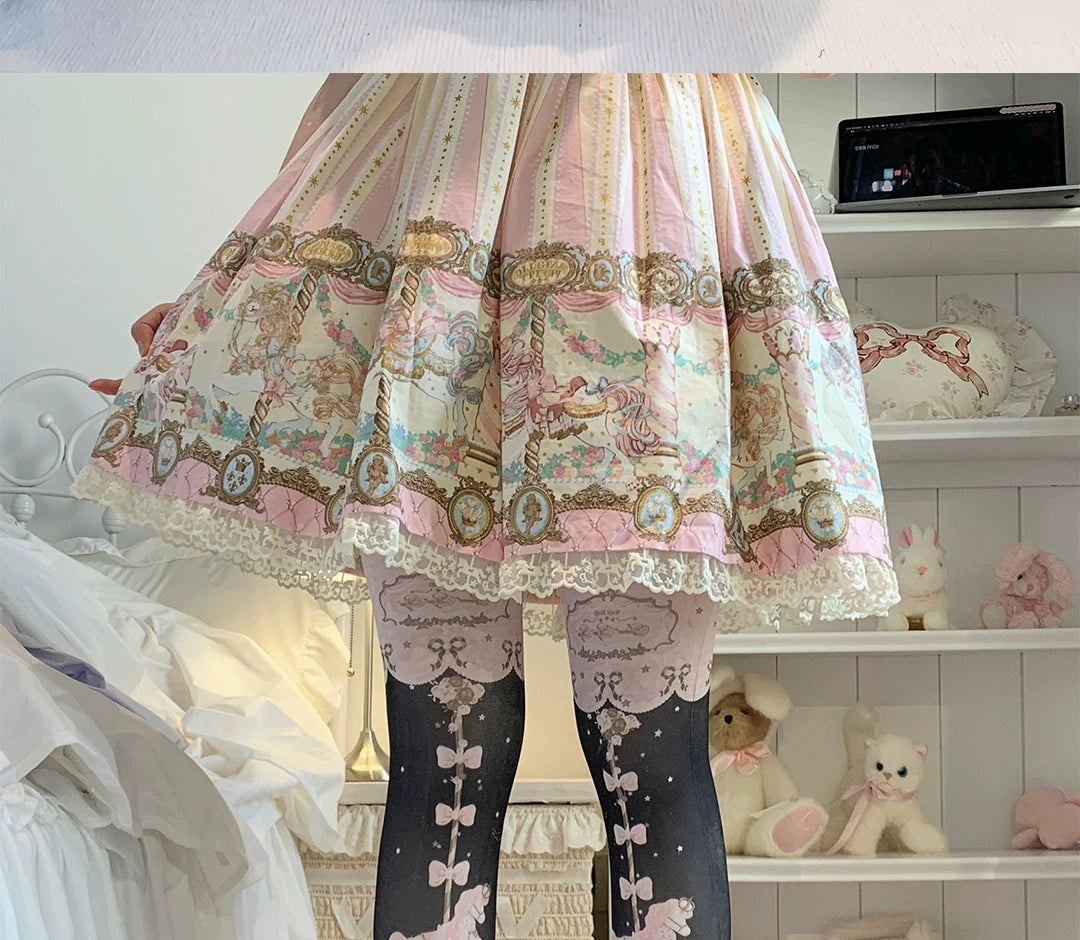 roji roji - Dream Horse - Carousel-Print Tights with Bow and Star Motifs