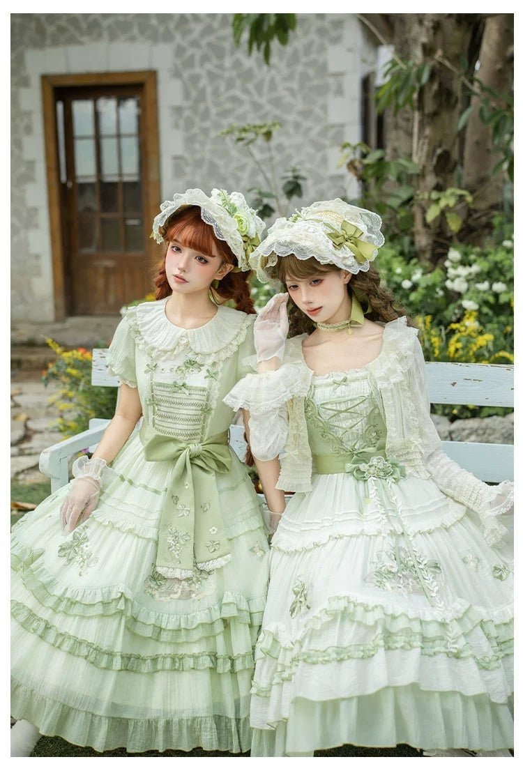 With PUJI - Green Grape - Embroidered Country Lolita OP Dress, Tiered JSK