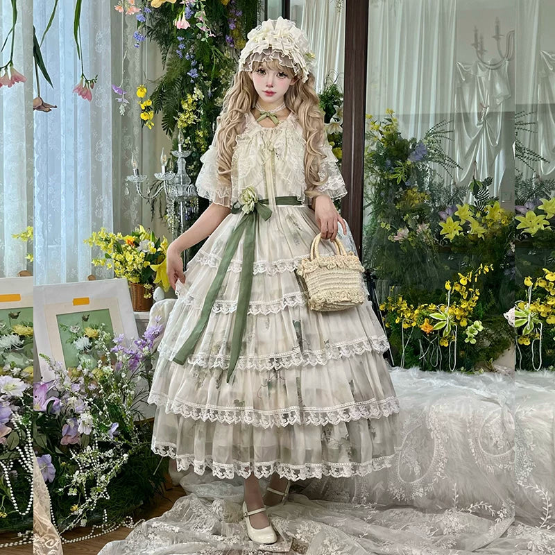 Green classical lolita JSK with floral print and lace trim