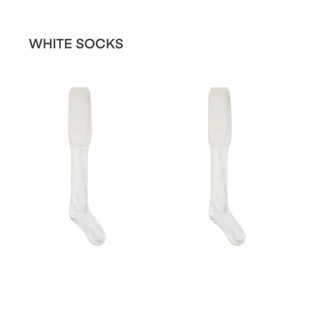 Black and white Y2K legwear with over-the-knee socks and ruched leather sleeves
