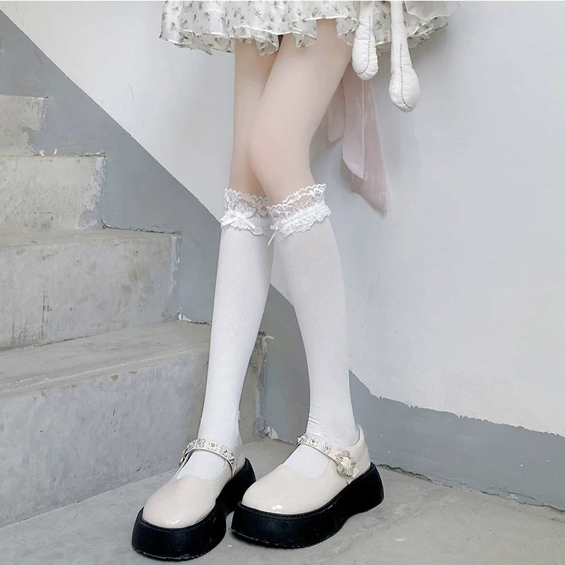 Floral Milk Cat - Ribbon Lace Cuff - Ribbed Calf Socks with Lace Cuffs and Bow Trim
