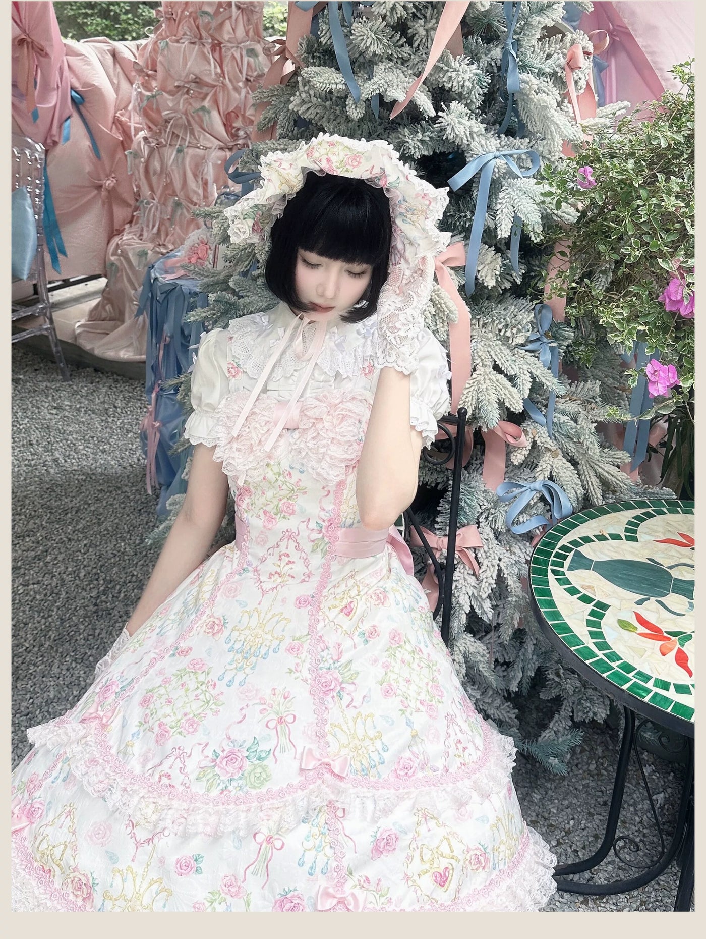 Tata Long Ear - Spring 2025 Floral Wall - Floral Print JSK Dress with Layered Lace Ruffles