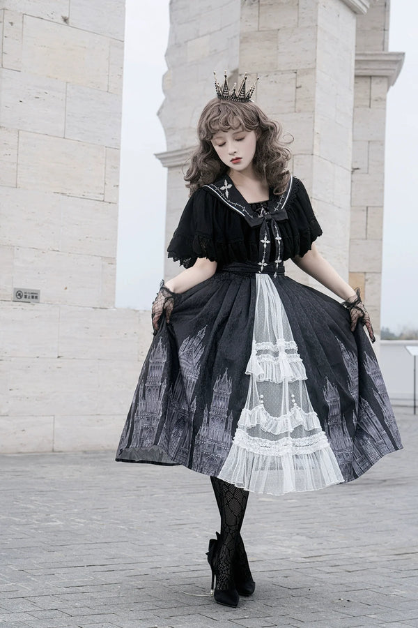 Matutu - Silent Church - Lolita Dress with cross motifs, church print, and a thin shawl - full outfit styling view