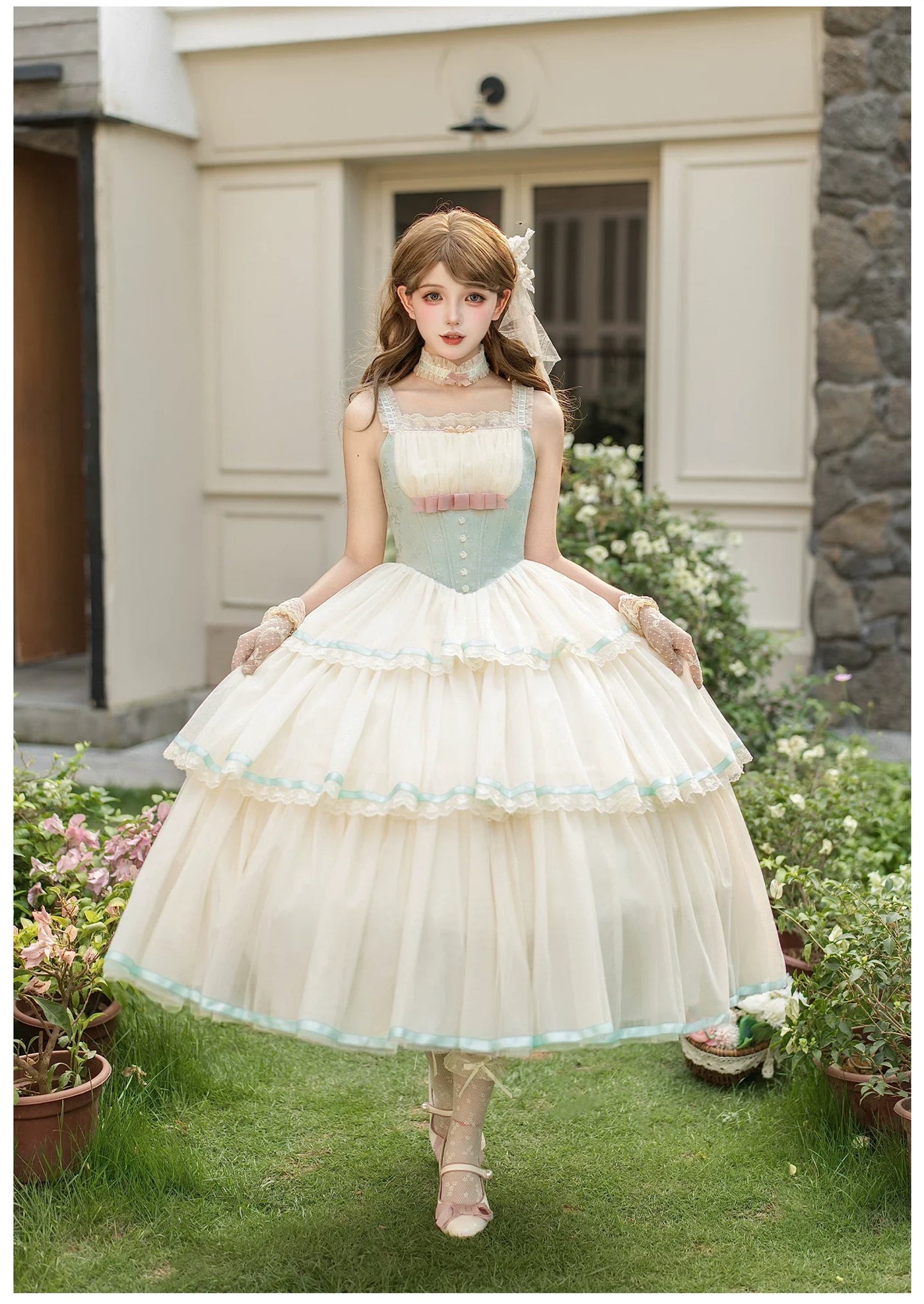 With PUJI - Sea Salt Soda - Classic Lolita Adjustable Corset JSK Dress, Tiered Tulle Hem