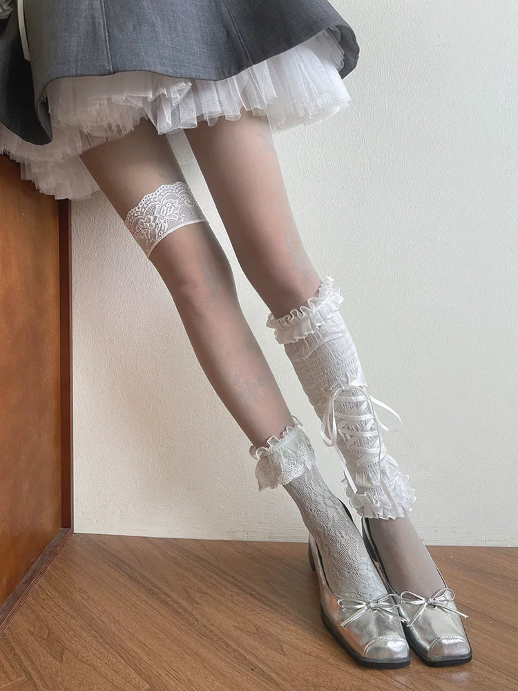 Sock Noble - Grey Layering - Mid-Calf Layered Legwear with Lace Trim and a Leg Ring