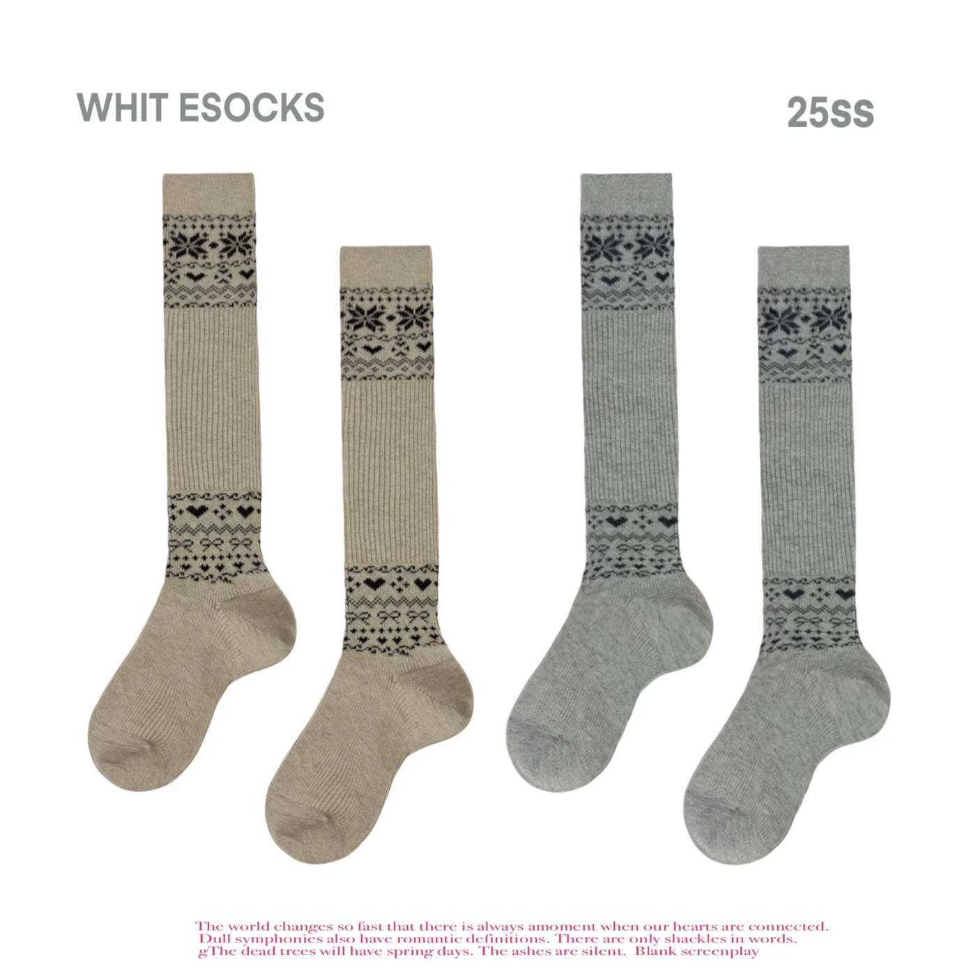 White Socks - Nordic Gray - Mid-Calf Slouch Socks with Fair Isle-Style Bands