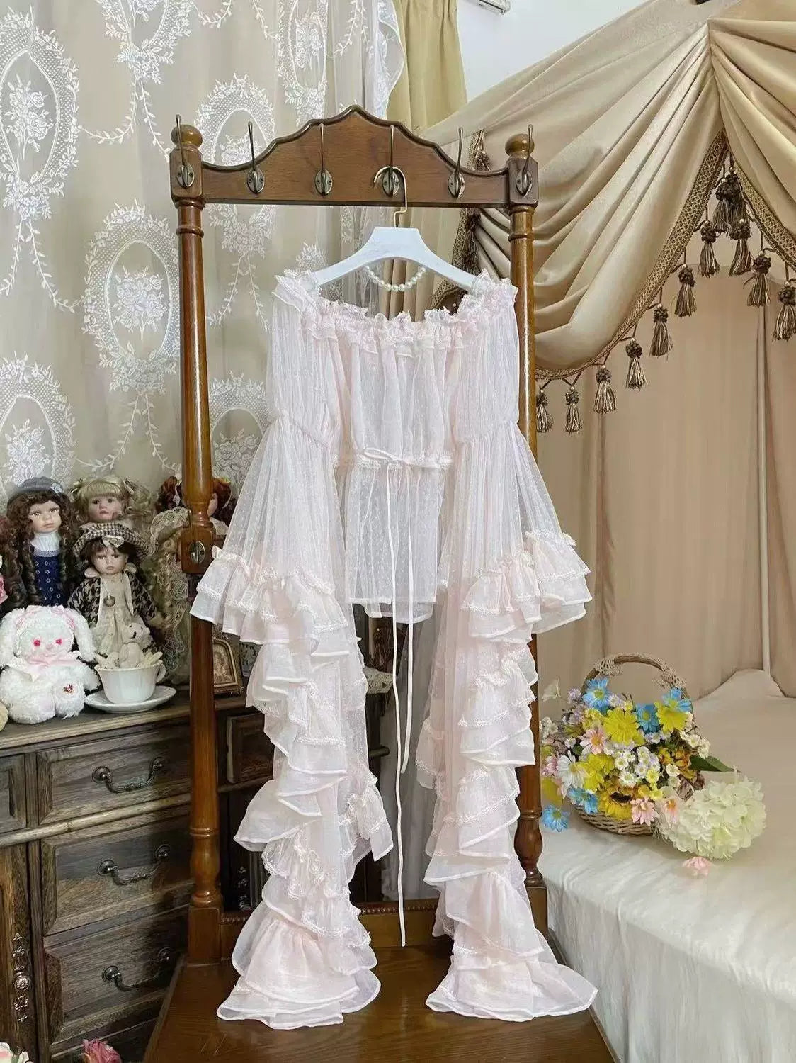 Sweetheart Dream Machine - Butterfly Wing - Off-shoulder Blouse with Sheer Dotted Mesh Sleeves