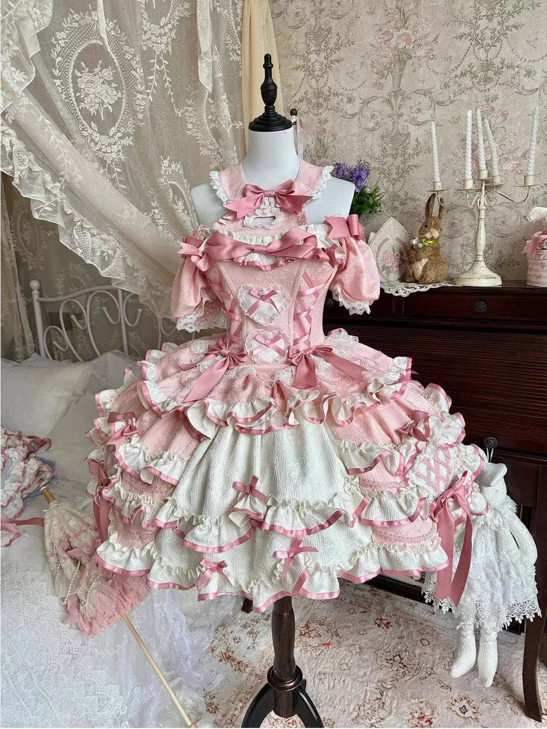 Creamy - Rabbit Bow Train - Pink OP Dress with Bows and a Train