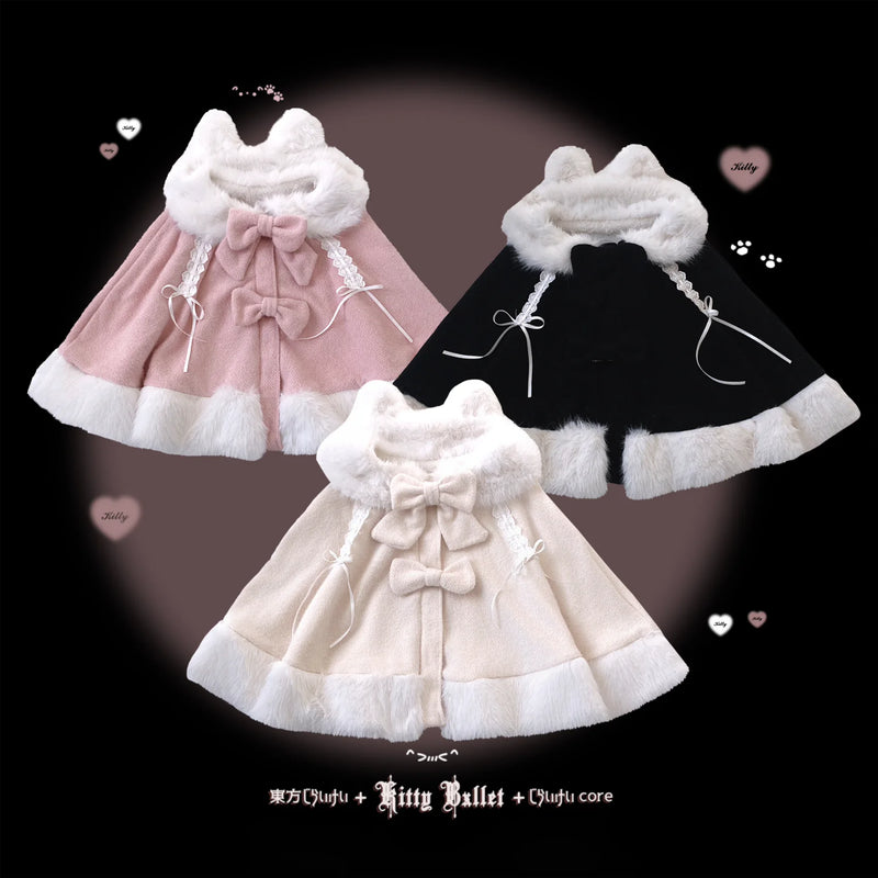 KittyBxllet Snow Bunny Bow Drawstring Plush Cape — Cherry Blossom Pink