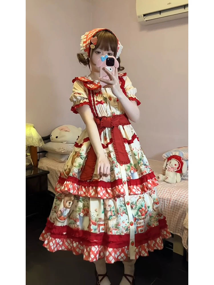 Dream Bunny - December Strawberry Field - Strawberry-Print One-Piece Dress with Red Gingham Ruffles