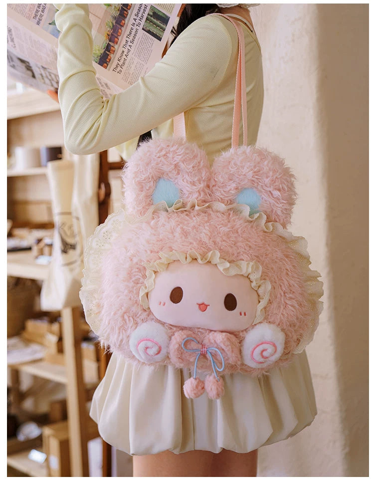 Pink Rabbit Rubitu Big-Face plush backpack with lace edging, pale face panel and pink straps