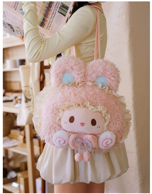 Pink Rabbit Rubitu Big-Face plush backpack with lace edging, pale face panel and pink straps