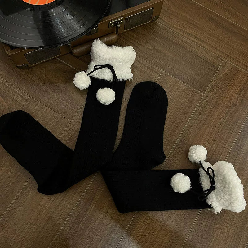 Sock Noble - Winter Pom-Pom - Mid-Calf Socks with Fluffy Cuffs and Pom-Pom Ties