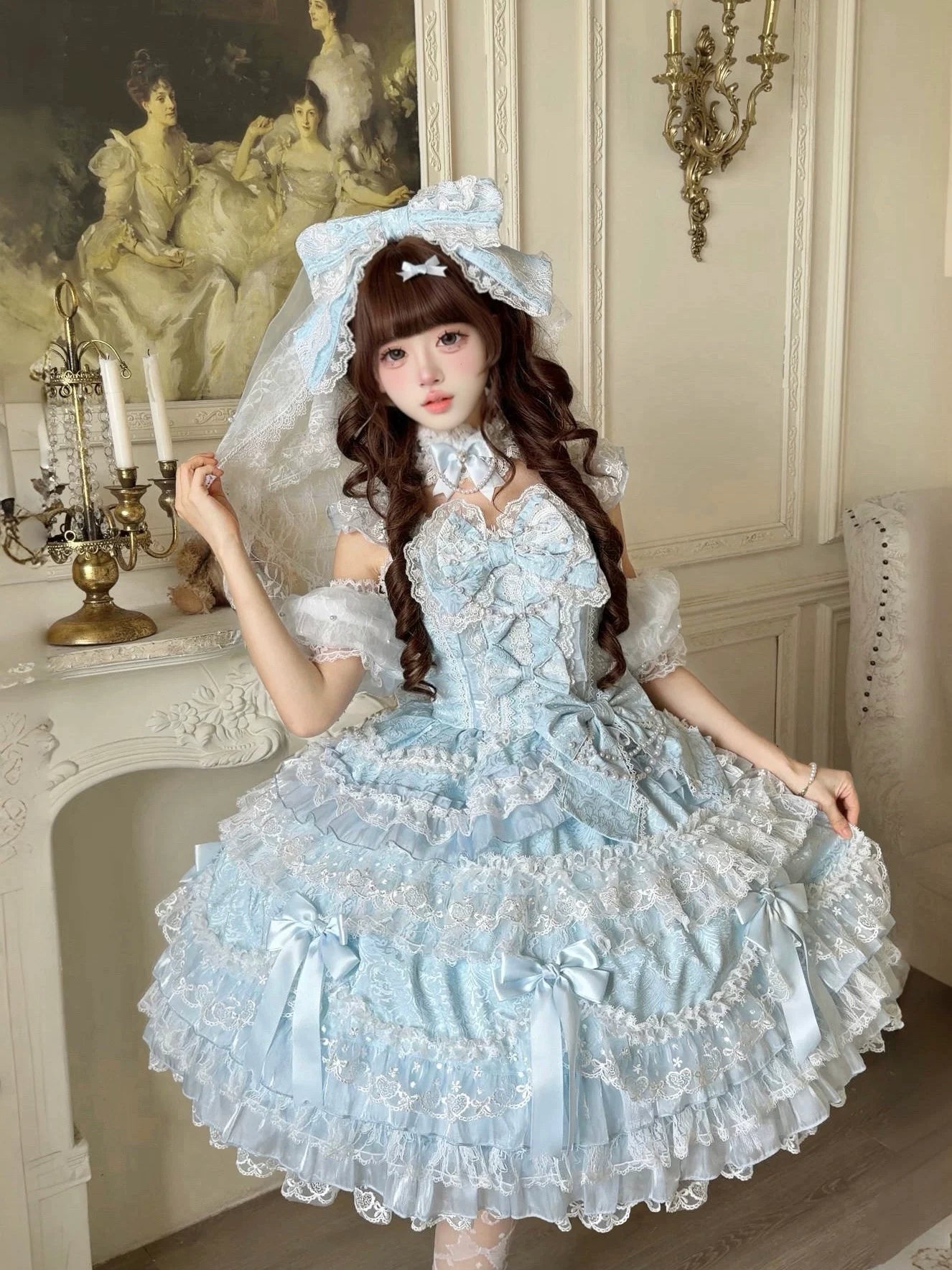 Pink Sweet Lolita JSK with tiered ruffled skirt and lace trim