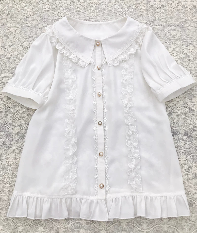 Yilia - Lace Placket - Peter Pan Collar Short Sleeve Blouse