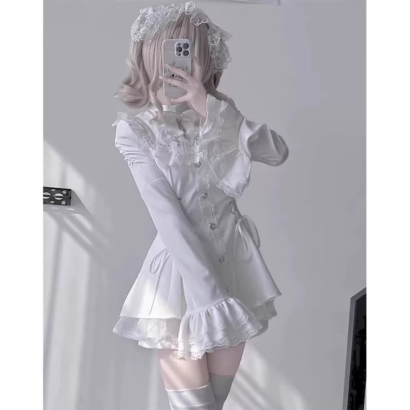 Creamy - White Lace Study - White OP Set with Lace Bell Sleeves