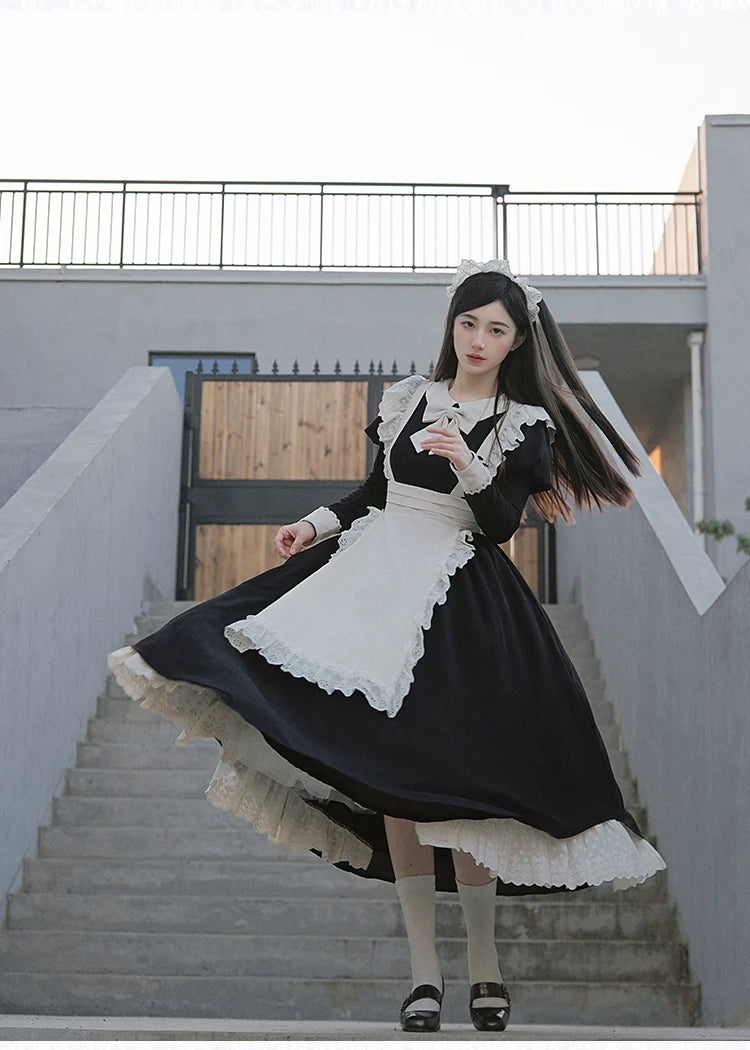 With PUJI - Kiss Kiss - Vintage Lolita OP Dress Maid Lolita Apron Dress