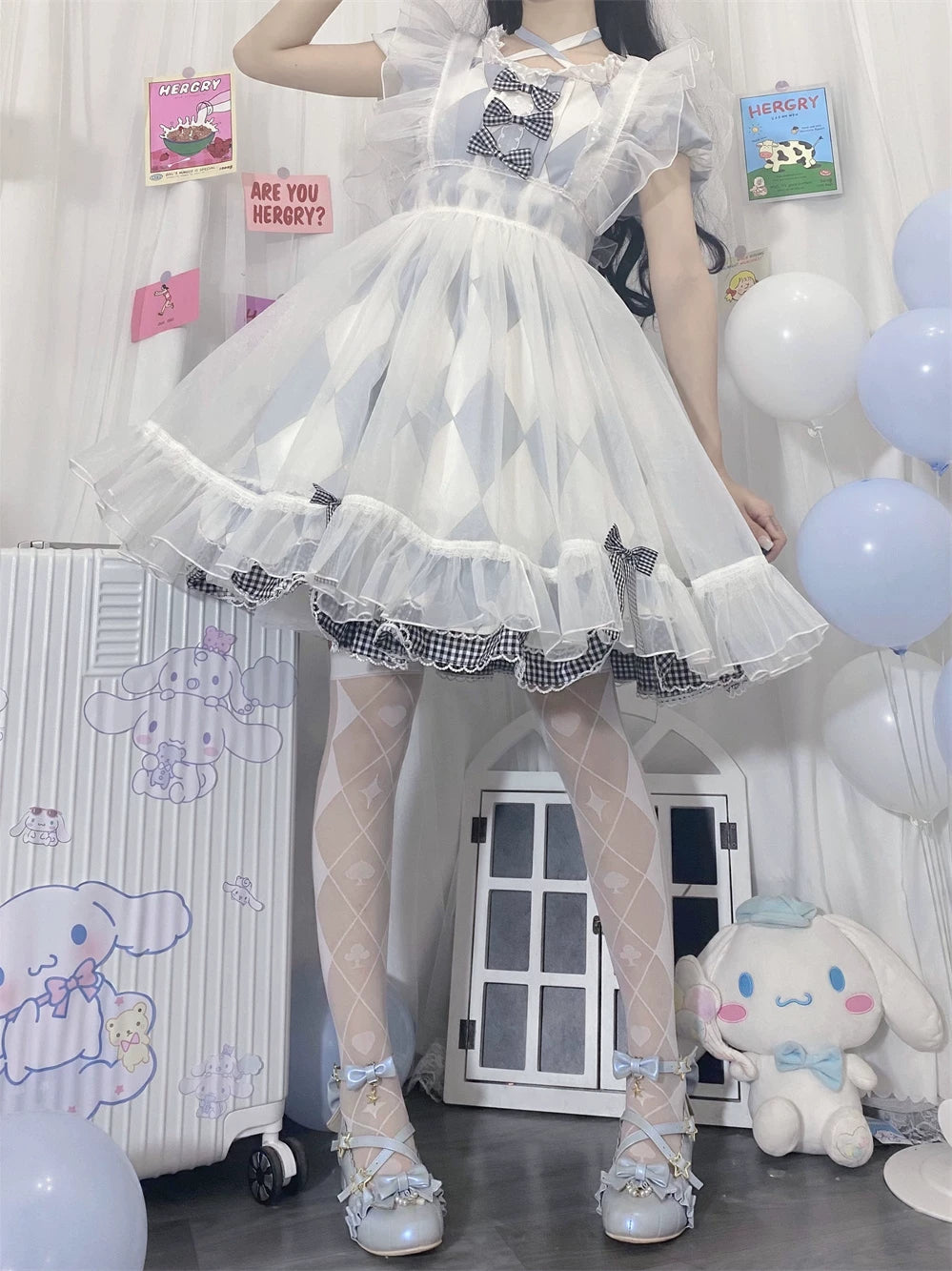 Fantasy Doll - Alice Card Suit - Sheer Over-the-Knee Stockings with Cross-Diamond Motifs
