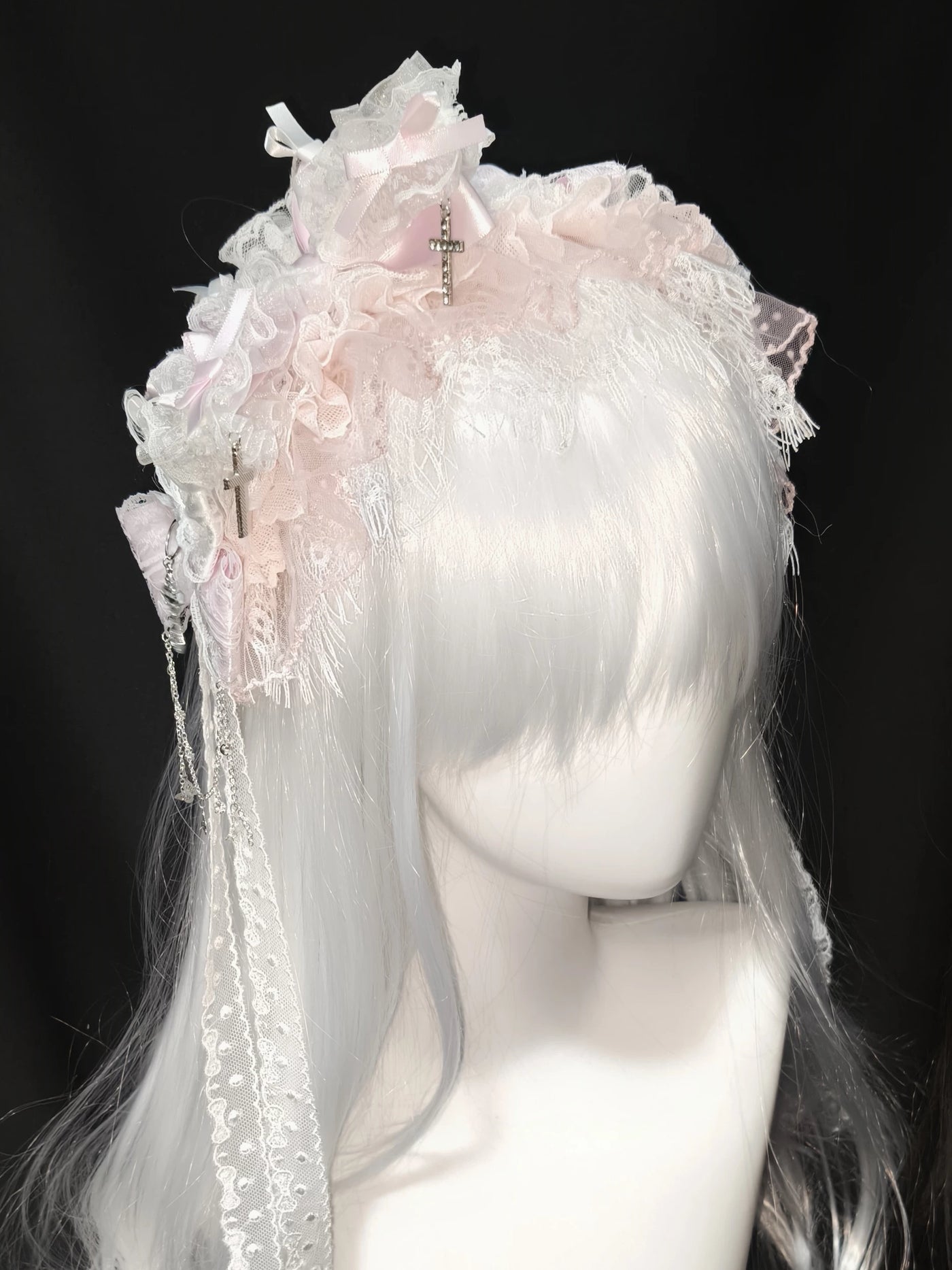 Dokisuru - Cross Lace - Heavily Embellished Lace Hairband with Bows and Cross Accents