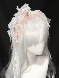 Dokisuru - Cross Lace - Stark verziertes Spitzenhaarband mit Schleifen und Kreuzapplikationen - Rosa-weißes, stark verziertes Haarband (sieben Tage Rückgaberecht ohne Angabe von Gründen wird nicht unterstützt)