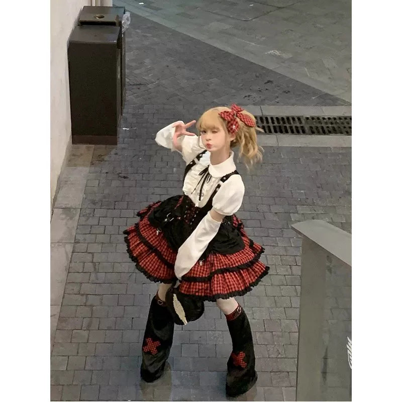 Creamy - Rock Idol - Punk Lolita Outfit Set with a Red-and-Black Plaid Skirt