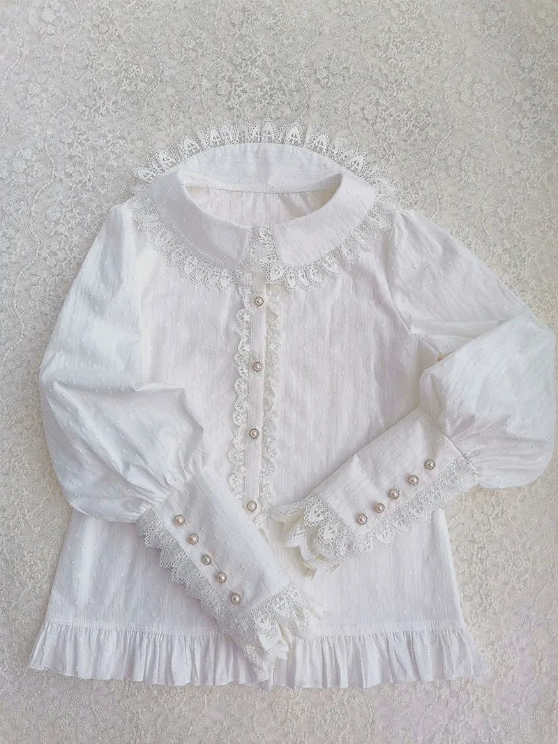 Yilia - Scalloped Peter Pan - Cotton Long Sleeve Blouse