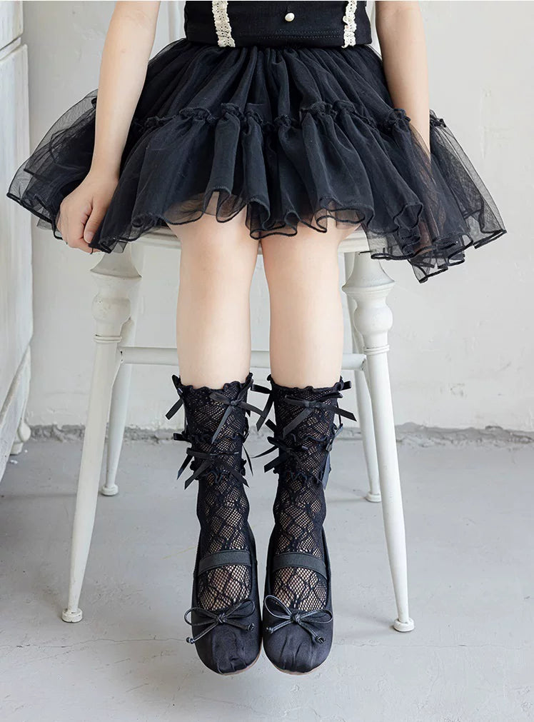 Fantasy Doll - Princess Mesh - Children's Mid-Calf Socks with Lace Trim and Bow Ties