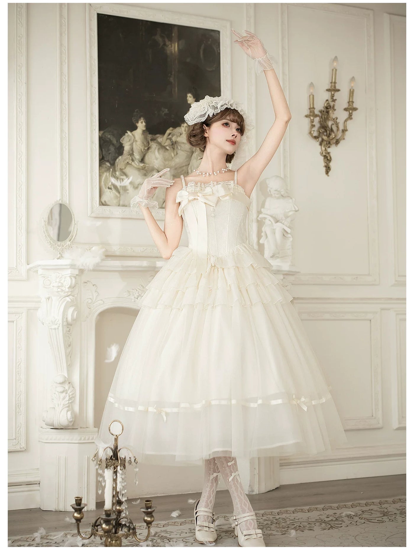 With PUJI - MistKiss Lily - Classic Lolita Tiered Hem JSK Dress, Fishbone Waist