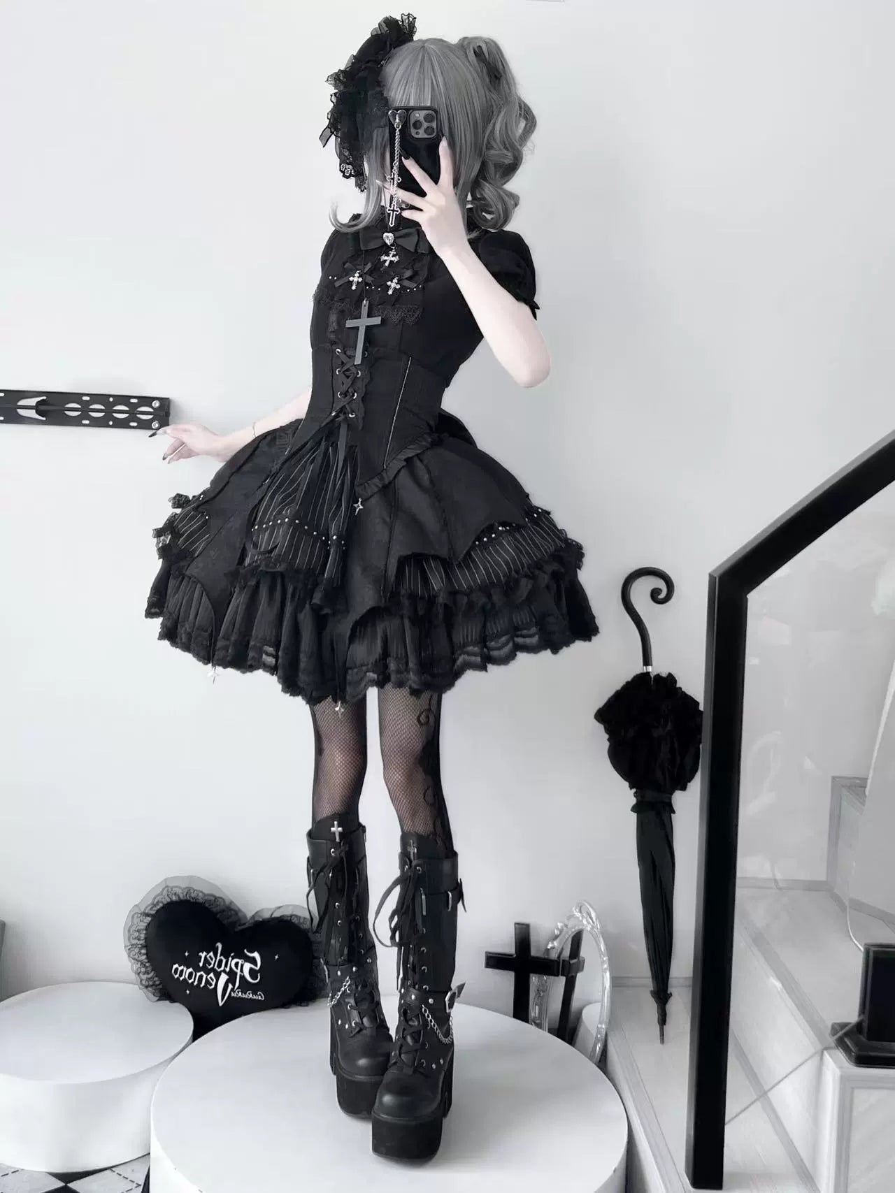 Twilight Song - Trace Bone - Black Gothic Lolita SK & Waist Cincher