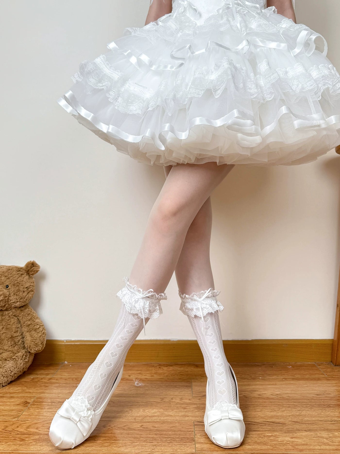 Chubby Bear Tales - Edith - Openwork Mid-Calf Socks with Lace Cuffs and Bows