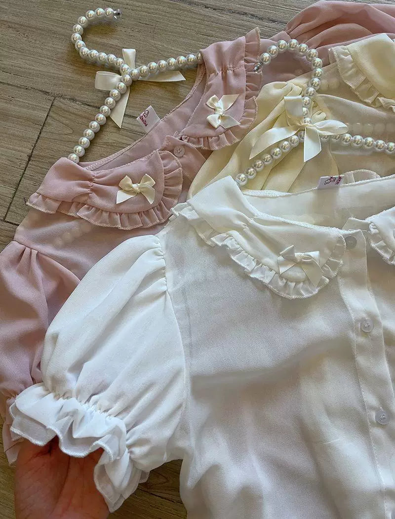Sweetheart Dream Machine - Ribbon Collar - Short-Sleeve Blouse with a Ruffled Peter Pan Collar