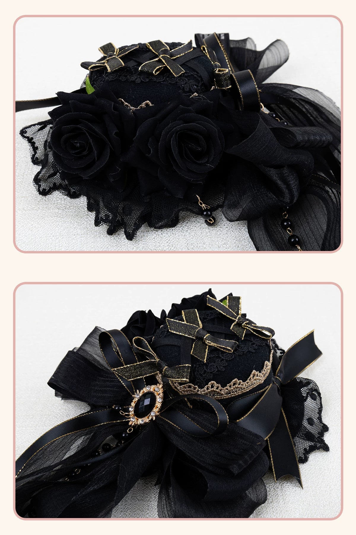 Stardust Rose - Dark Gothic - Black-and-Gold Mini Hat Hair Accessory with Layered Bows