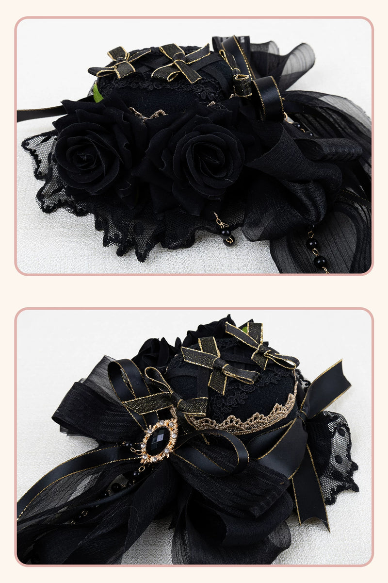 Stardust Rose - Dark Gothic - Black-and-Gold Mini Hat Hair Accessory with Layered Bows