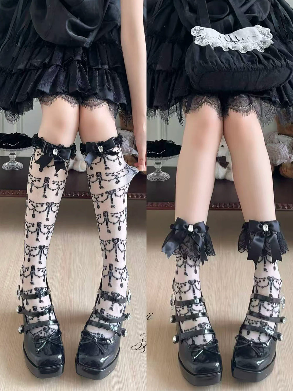 Black-and-white patterned socks with bow and lace accents styled on a model.