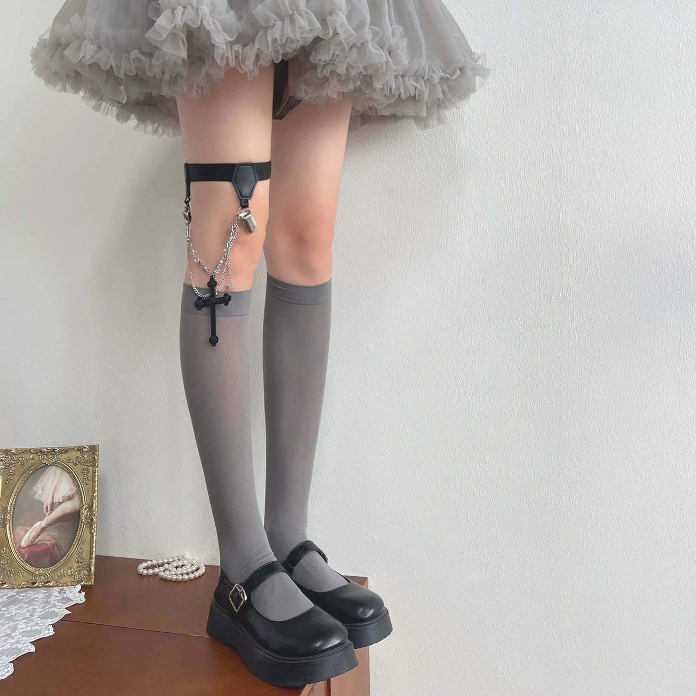 Sock Noble - Cross Chain - Mid-Calf or Over-the-Knee Socks with Cross-and-Chain Leg-Ring Detail
