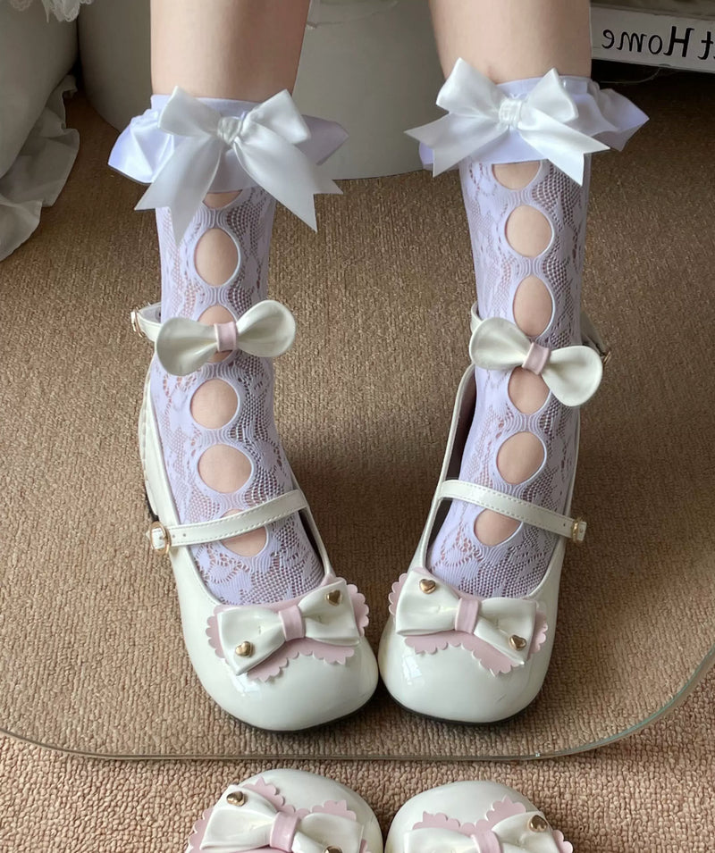 Fantasy Doll - Ribbon Lace - Mid-Calf Socks with Satin Bows and Oval Cutouts
