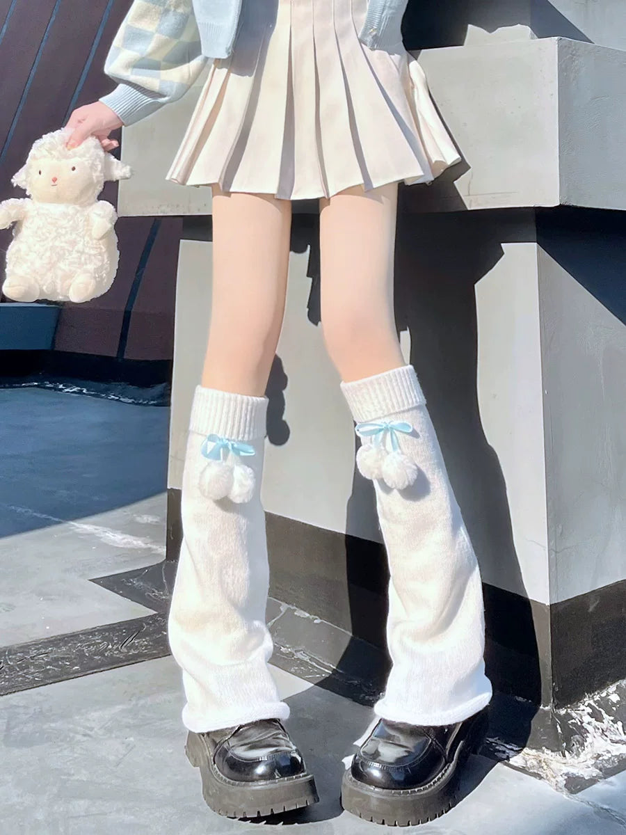 Floral Milk Cat - Pom-Pom Slouch - Socks with Long Knit Leg Warmers and Pom-Pom Accents