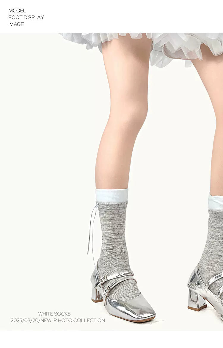 White Socks - Ballet Bow - Faux-Layered Calf Socks with Bow Ties