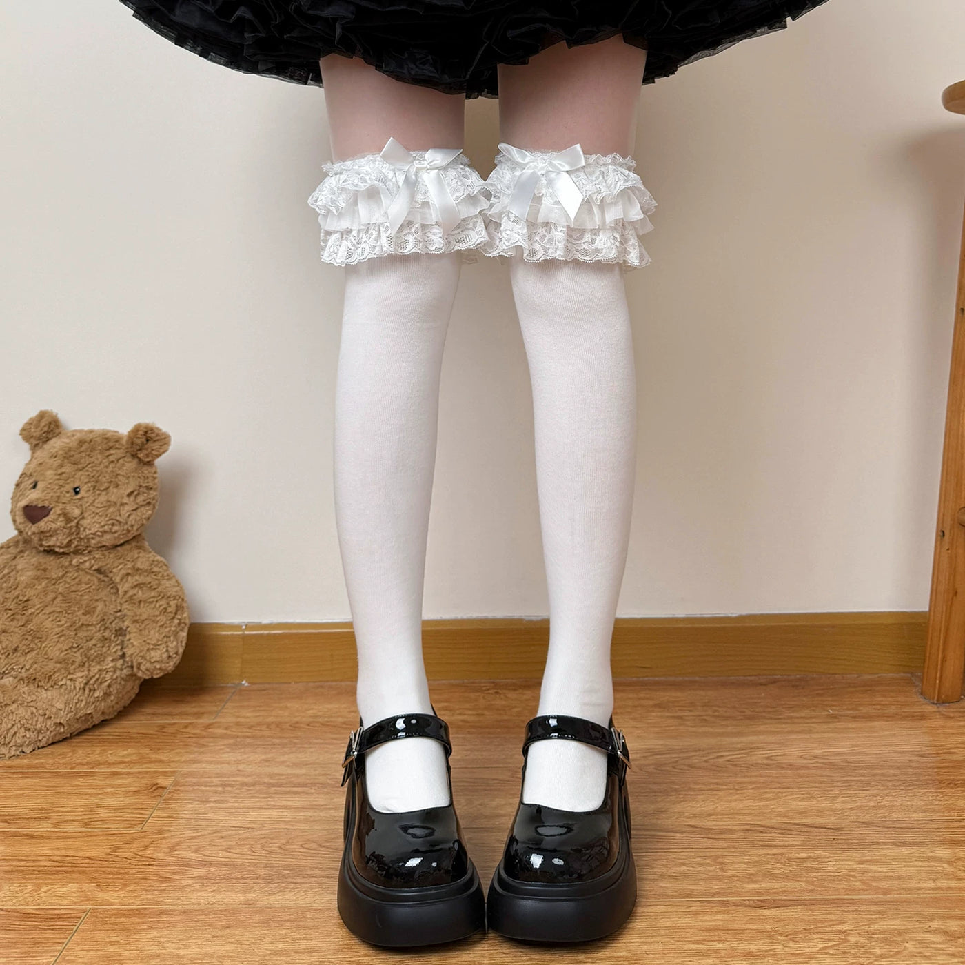Chubby Bear Tales - Showa Doll - Lolita Socks with Layered Lace Ruffles and Bows