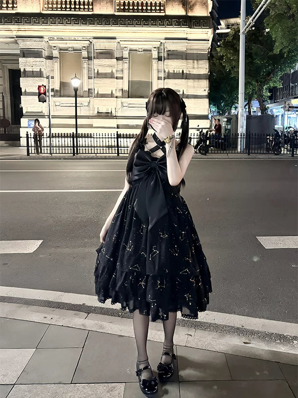 Creamy - Black Shell - Black One-Piece Dress with Gold-Foil Bow Detail