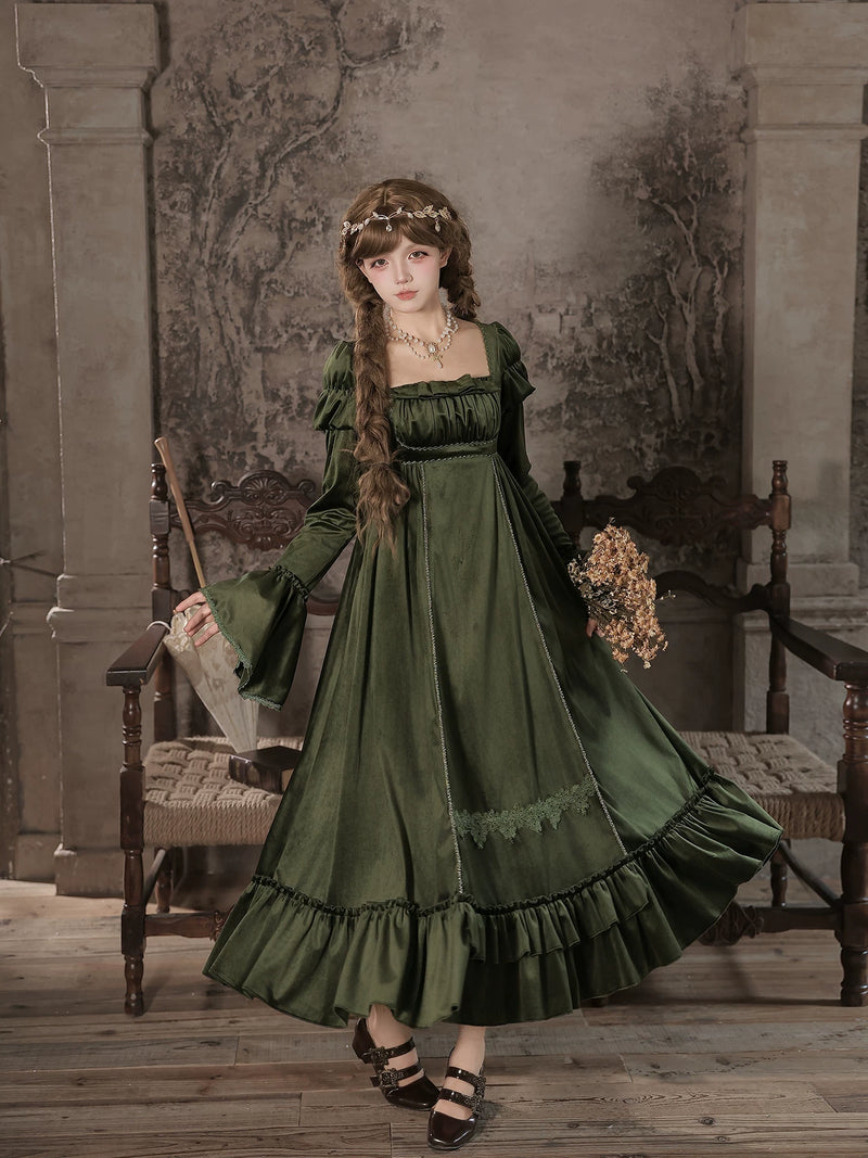 With PUJI - Candlelight Feast - Lolita OP Dress, Ruffle Trim & High-waist Silhouette detail view 3