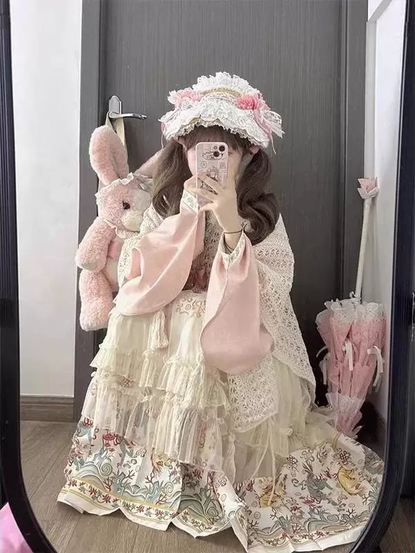 Creamy - Hanfu Fusion - Pastel-Print Mamian Skirt Set with Shawl