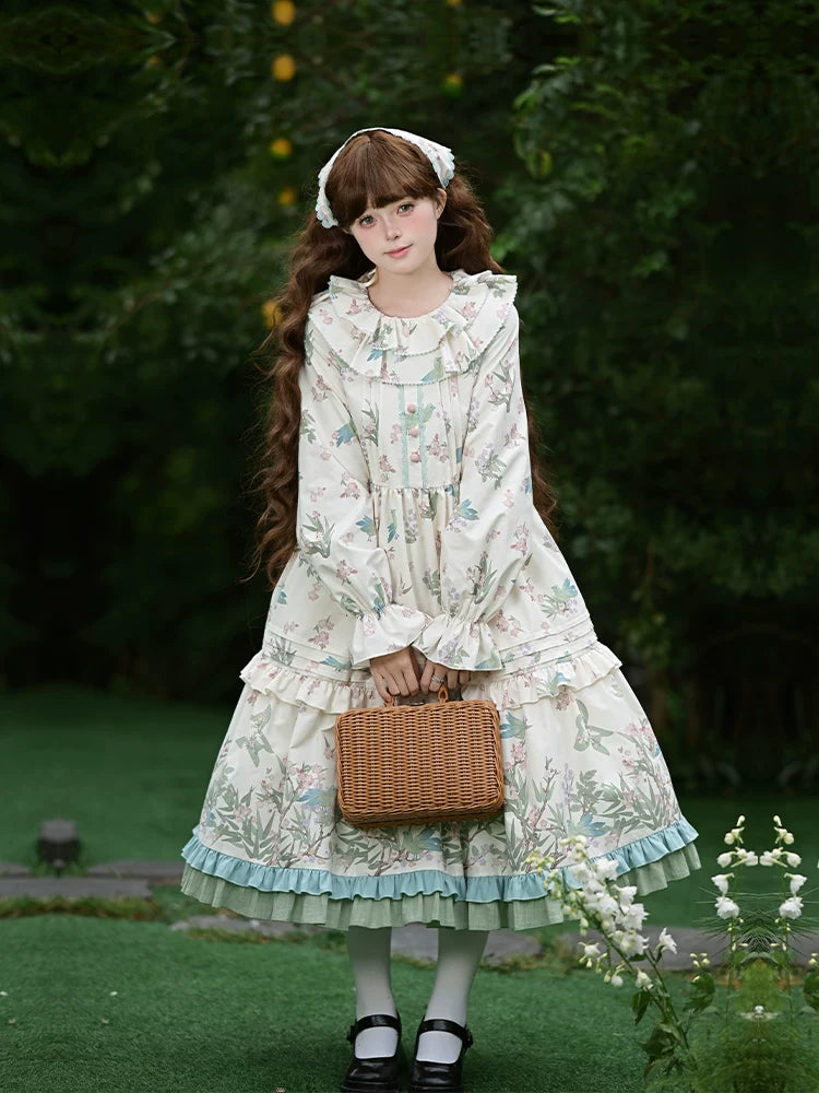 With PUJI - Oriole Time - Country Lolita JSK and OP Dress, Floral and Bird Print detail view 3