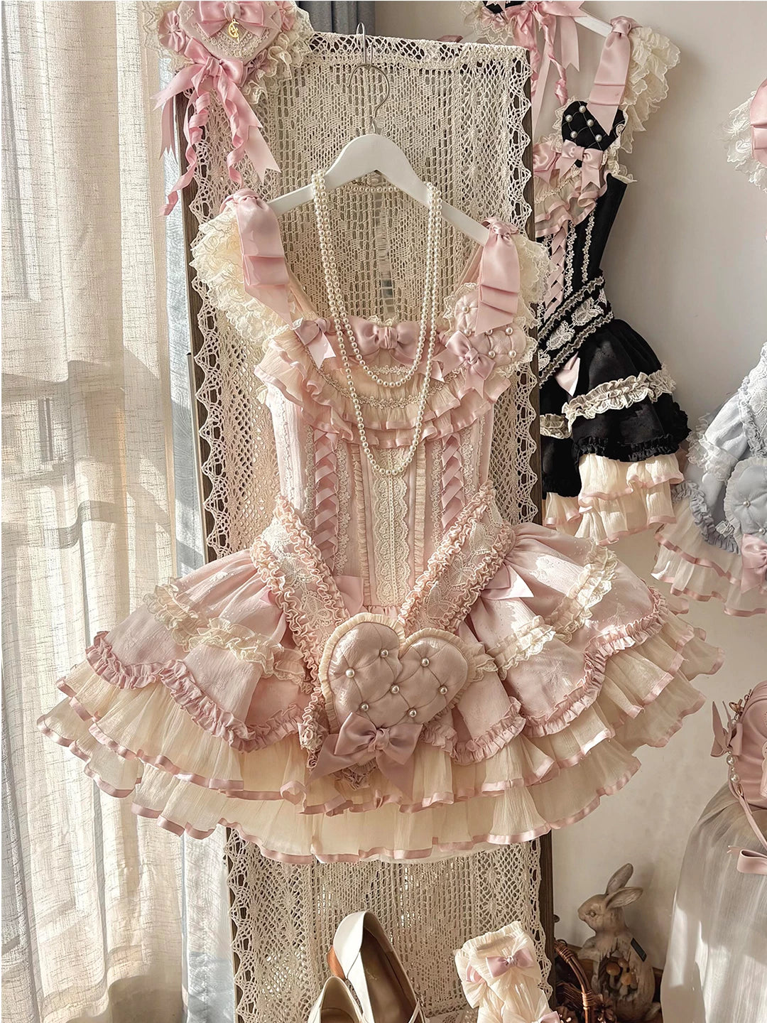 Creamy - Pink Ribbon Heart - Pink JSK Dress with Layered Ruffles
