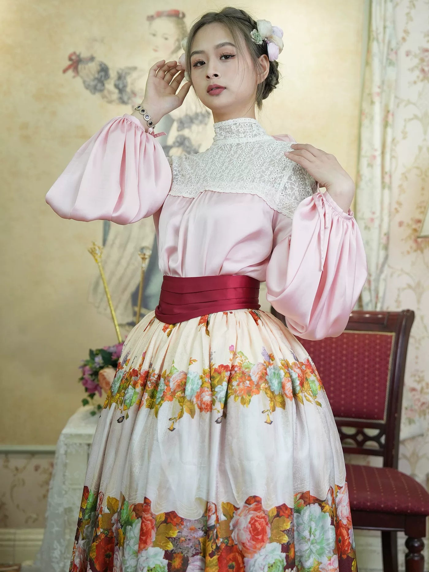 LACE GARDEN - Rainy Season Garden - Blouse and Full Skirt Set with Lace Yoke