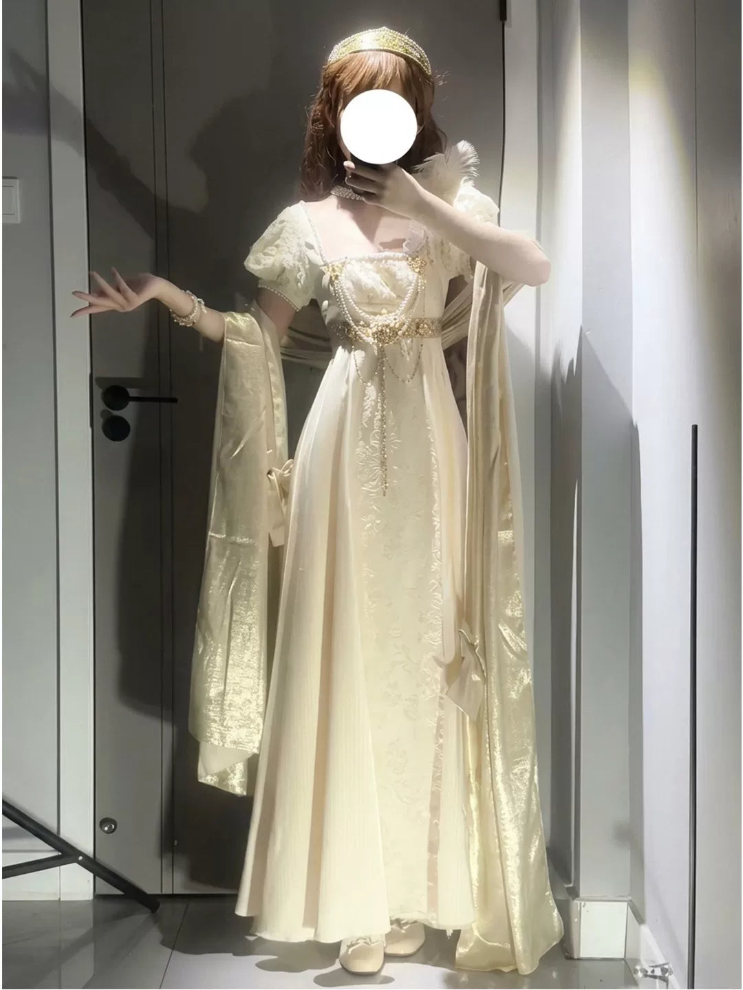 Creamy - Golden Empire - Embossed Acetate-Satin Lolita Dress with Shawl