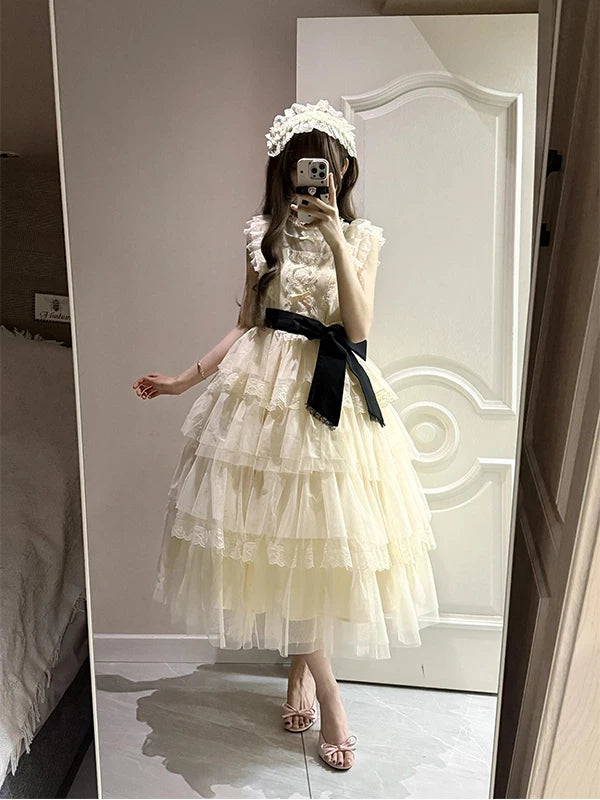 Creamy - Ecru Lace - Tiered Lace OP with Waist Belt