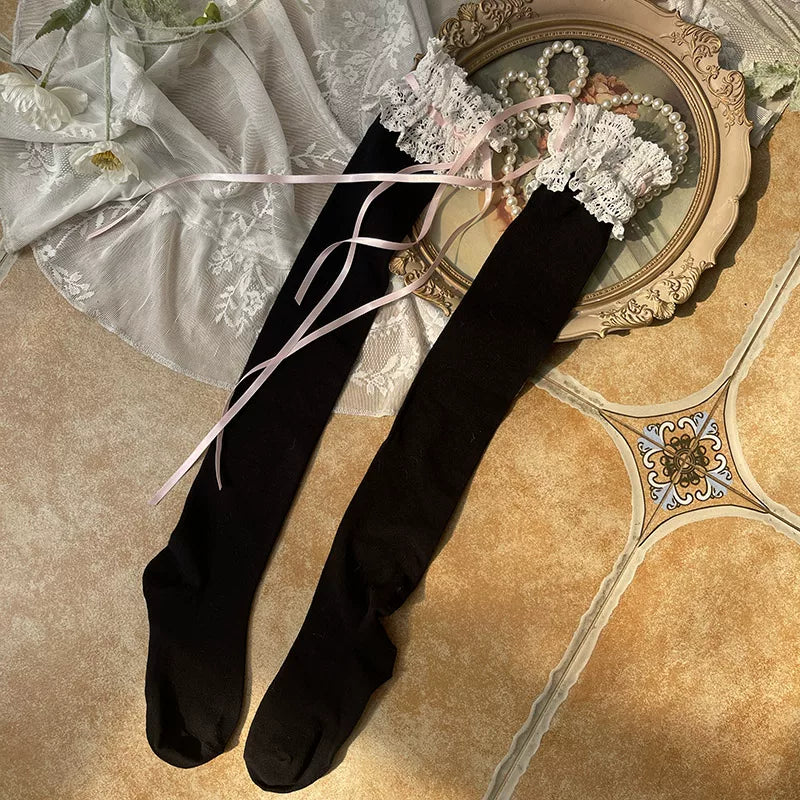 Sock Noble - Ribbon Lace - Thigh-High Socks with Ruffled Lace Cuffs